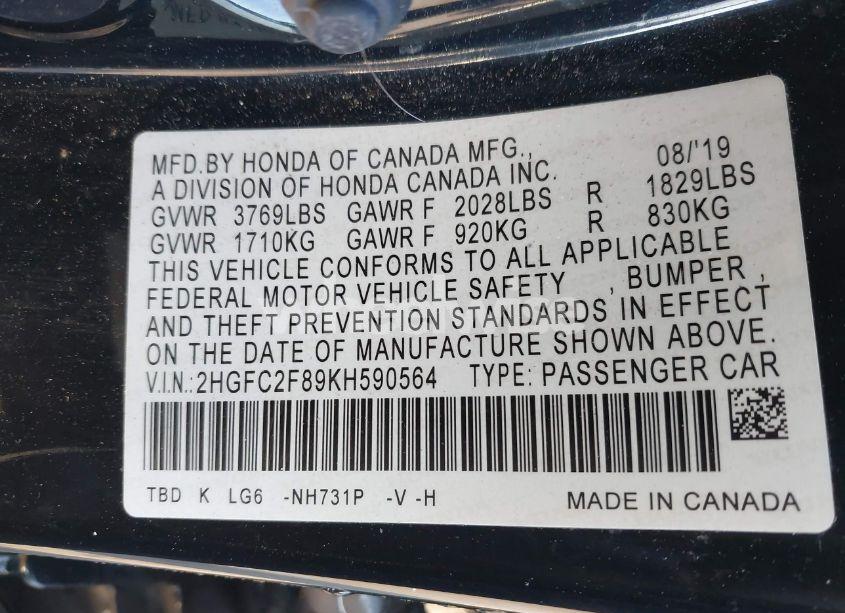 Photo 9 of 2019 Honda Civic SPORT (VIN 2HGFC2F89KH590564)