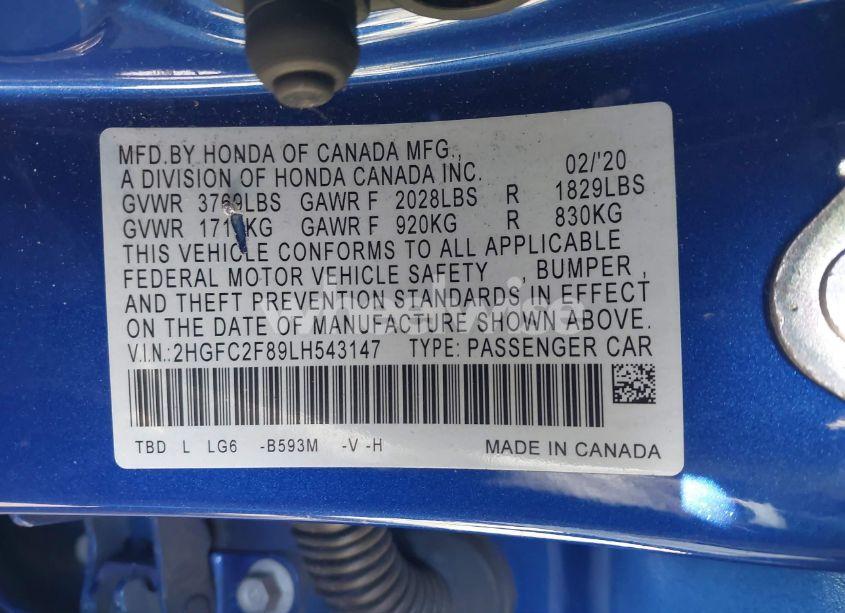Photo 9 of 2020 Honda Civic SPORT (VIN 2HGFC2F89LH543147)