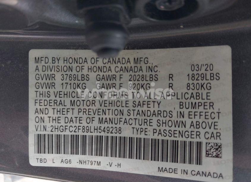 Photo 9 of 2020 Honda Civic SPORT (VIN 2HGFC2F89LH549238)