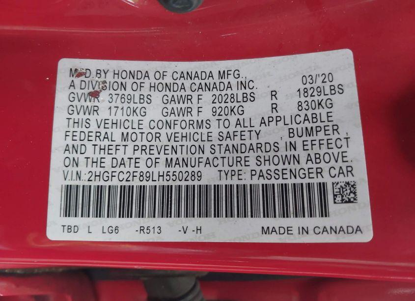 Photo 9 of 2020 Honda Civic SPORT (VIN 2HGFC2F89LH550289)
