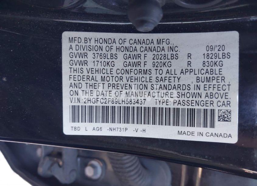 Photo 9 of 2020 Honda Civic SPORT (VIN 2HGFC2F89LH583437)
