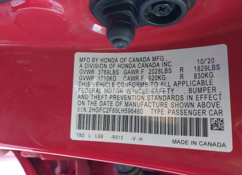 Photo 9 of 2020 Honda Civic SPORT (VIN 2HGFC2F89LH596480)