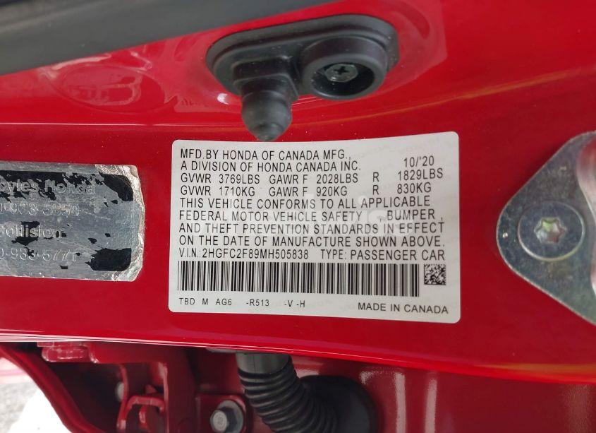 Photo 9 of 2021 Honda Civic SPORT (VIN 2HGFC2F89MH505838)