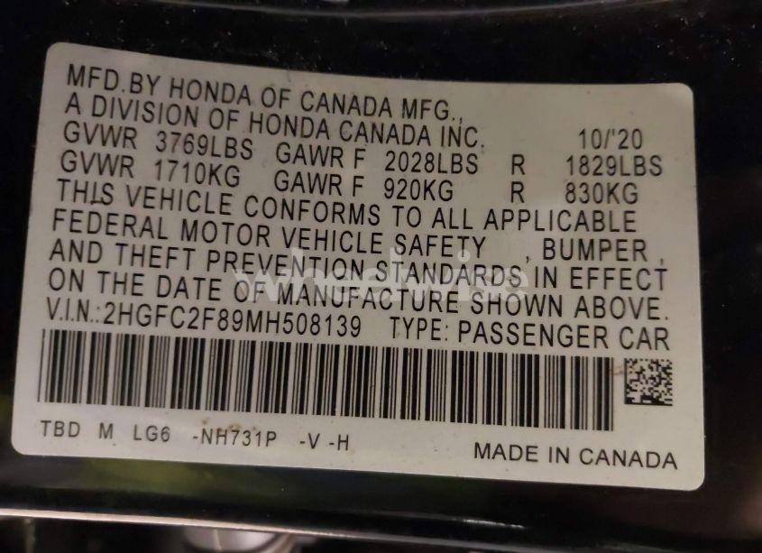 Photo 9 of 2021 Honda Civic SPORT (VIN 2HGFC2F89MH508139)