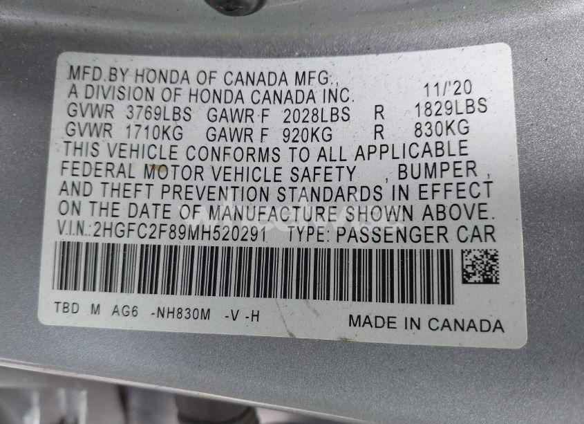 Photo 9 of 2021 Honda Civic SPORT (VIN 2HGFC2F89MH520291)