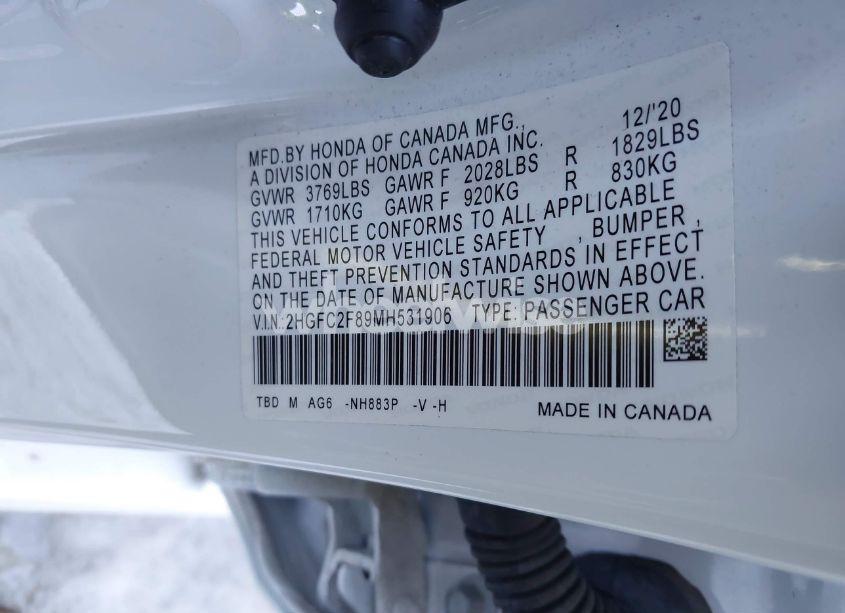 Photo 9 of 2021 Honda Civic SPORT (VIN 2HGFC2F89MH531906)