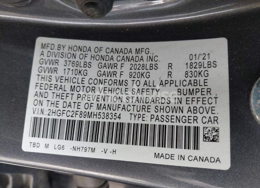 Photo 9 of 2021 Honda Civic SPORT (VIN 2HGFC2F89MH538354)