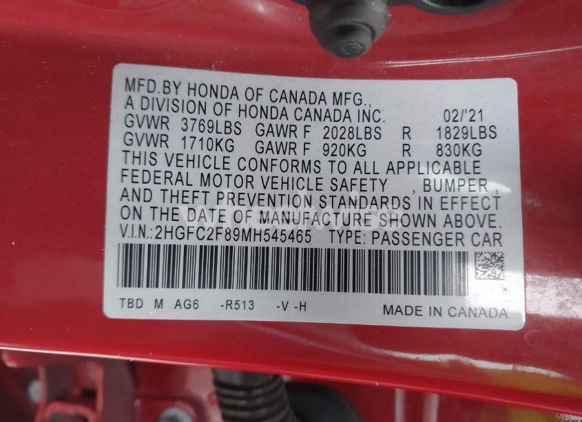 Photo 9 of 2021 Honda Civic SPORT (VIN 2HGFC2F89MH545465)