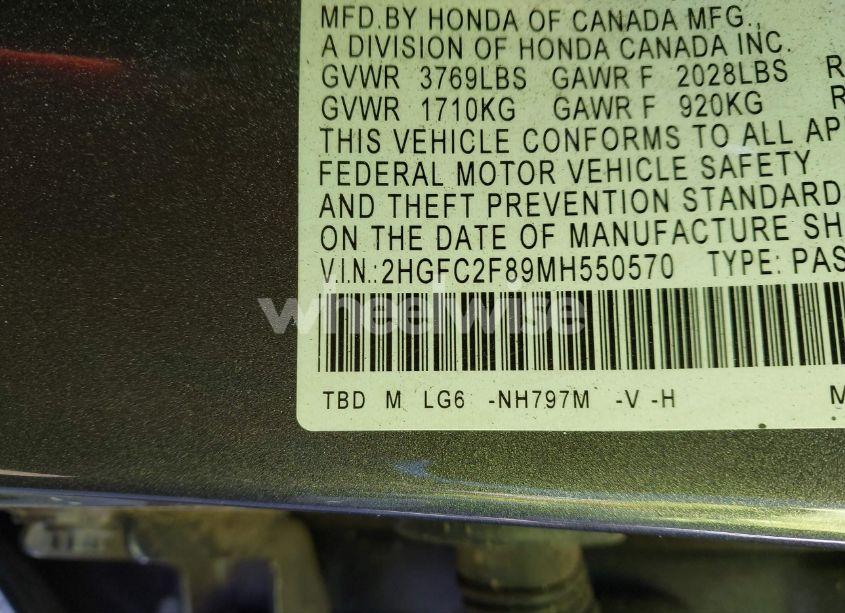 Photo 9 of 2021 Honda Civic SPORT (VIN 2HGFC2F89MH550570)