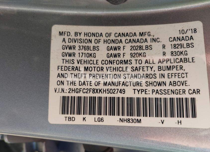 Photo 9 of 2019 Honda Civic SPORT (VIN 2HGFC2F8XKH502749)