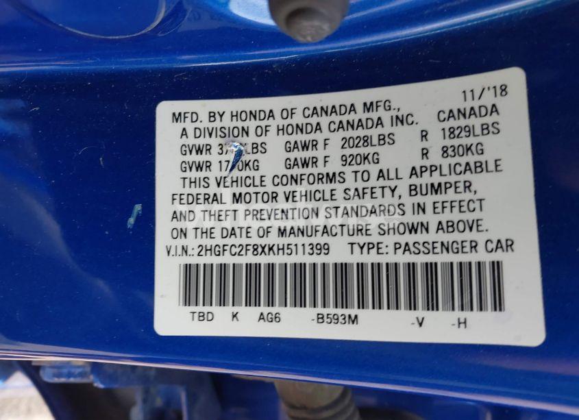 Photo 9 of 2019 Honda Civic SPORT (VIN 2HGFC2F8XKH511399)