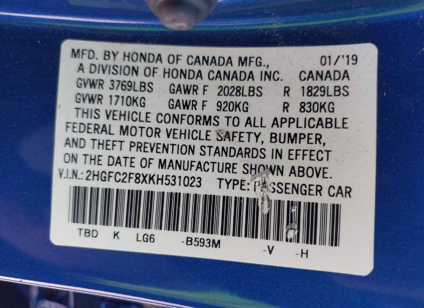 Photo 9 of 2019 Honda Civic SPORT (VIN 2HGFC2F8XKH531023)