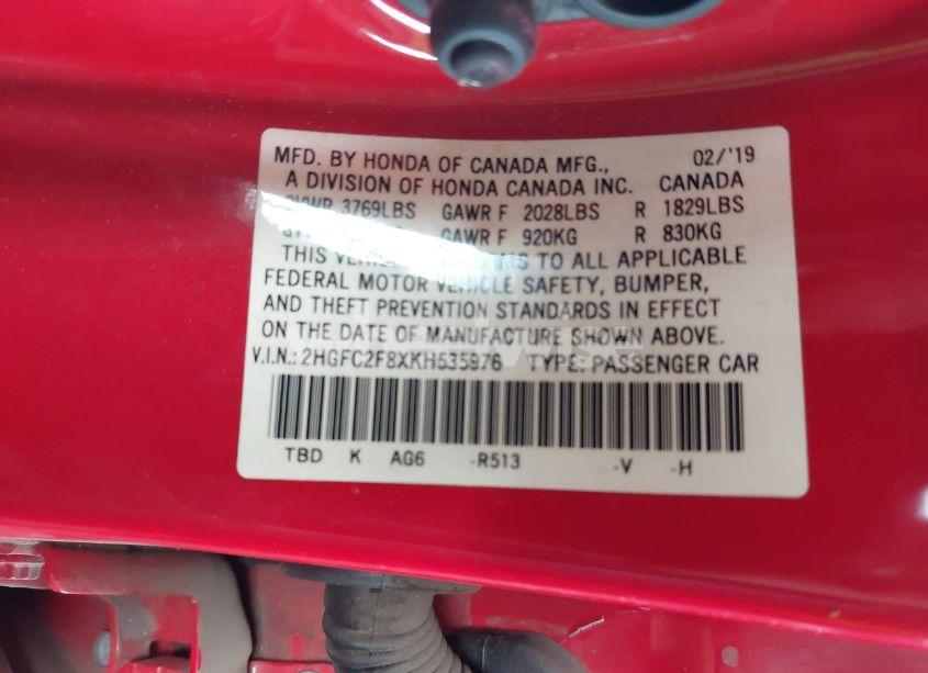 Photo 9 of 2019 Honda Civic SPORT (VIN 2HGFC2F8XKH535976)