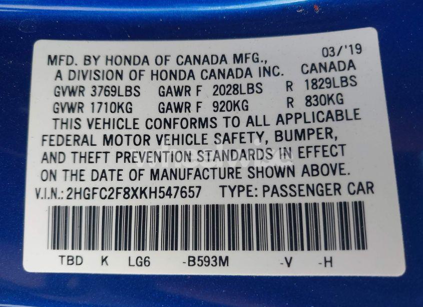 Photo 9 of 2019 Honda Civic SPORT (VIN 2HGFC2F8XKH547657)