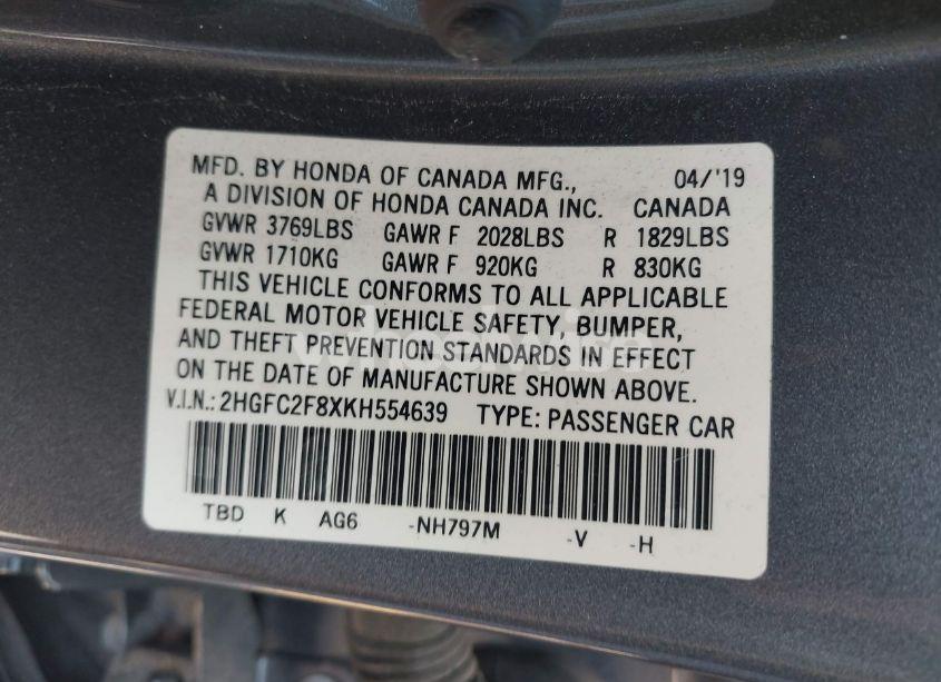 Photo 9 of 2019 Honda Civic SPORT (VIN 2HGFC2F8XKH554639)