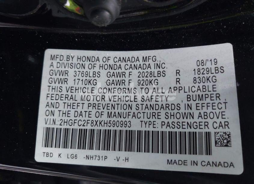 Photo 9 of 2019 Honda Civic SPORT (VIN 2HGFC2F8XKH590993)