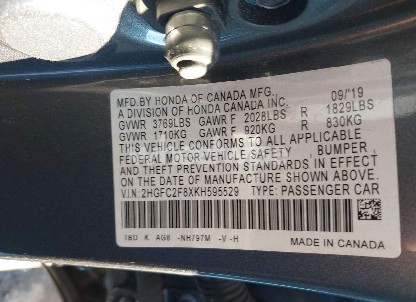 Photo 9 of 2019 Honda Civic SPORT (VIN 2HGFC2F8XKH595529)