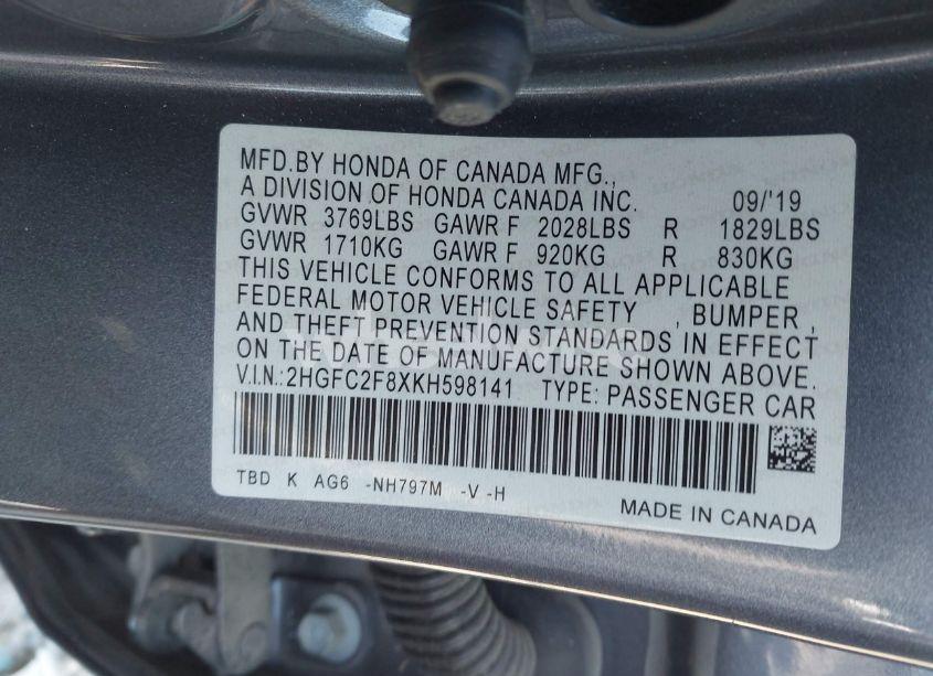 Photo 9 of 2019 Honda Civic SPORT (VIN 2HGFC2F8XKH598141)