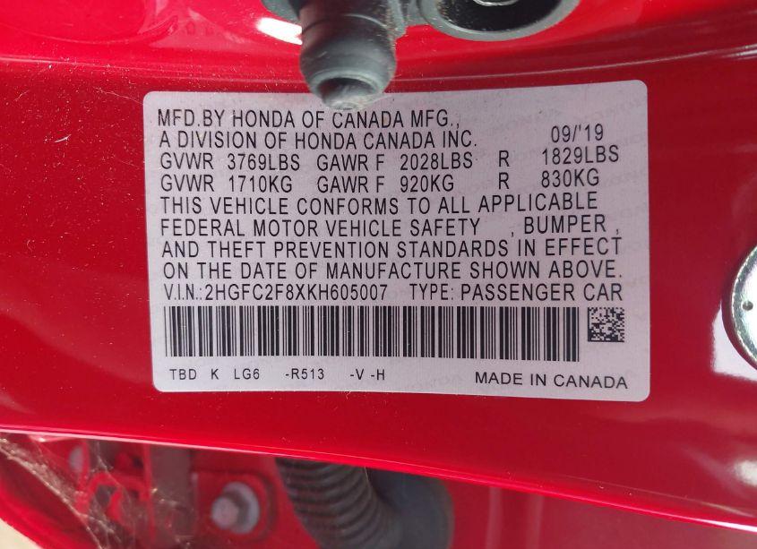 Photo 9 of 2019 Honda Civic SPORT (VIN 2HGFC2F8XKH605007)