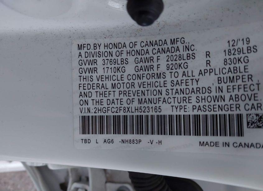 Photo 9 of 2020 Honda Civic SPORT (VIN 2HGFC2F8XLH523165)