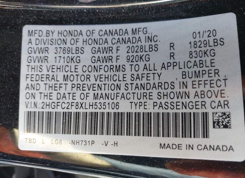 Photo 9 of 2020 Honda Civic SPORT (VIN 2HGFC2F8XLH535106)