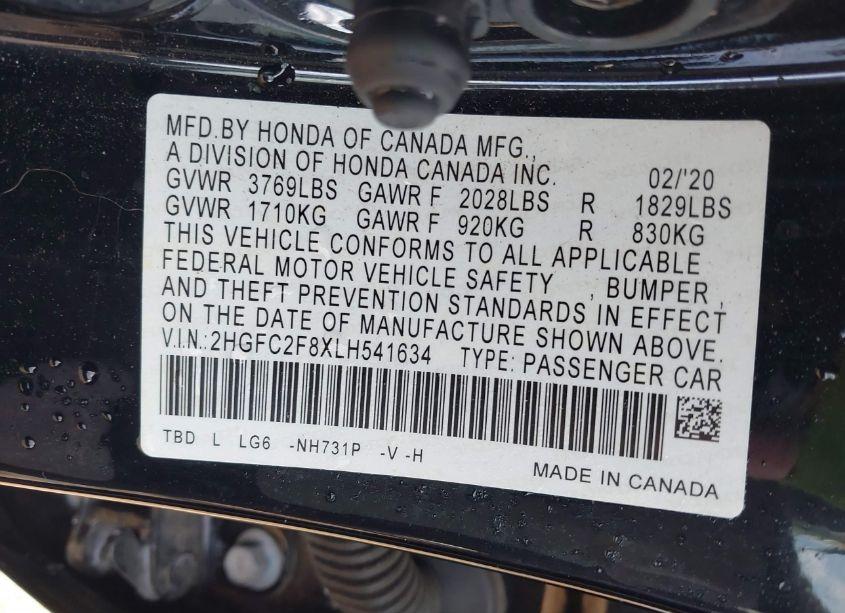 Photo 9 of 2020 Honda Civic SPORT (VIN 2HGFC2F8XLH541634)