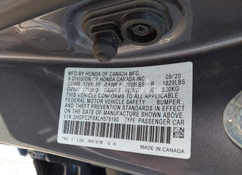 Photo 9 of 2020 Honda Civic SPORT (VIN 2HGFC2F8XLH576190)