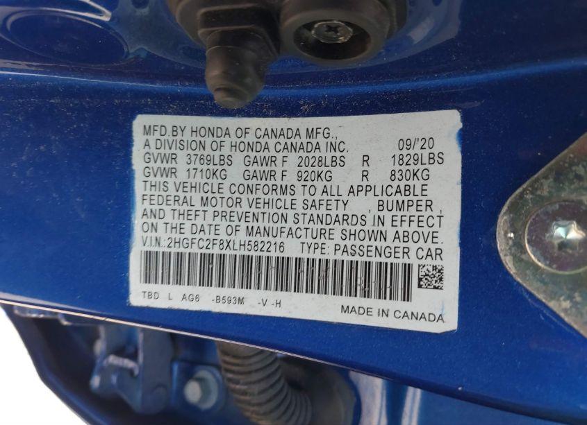 Photo 9 of 2020 Honda Civic SPORT (VIN 2HGFC2F8XLH582216)