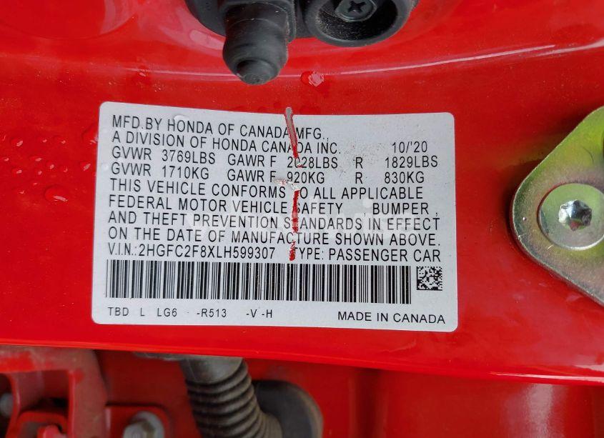 Photo 9 of 2020 Honda Civic SPORT (VIN 2HGFC2F8XLH599307)