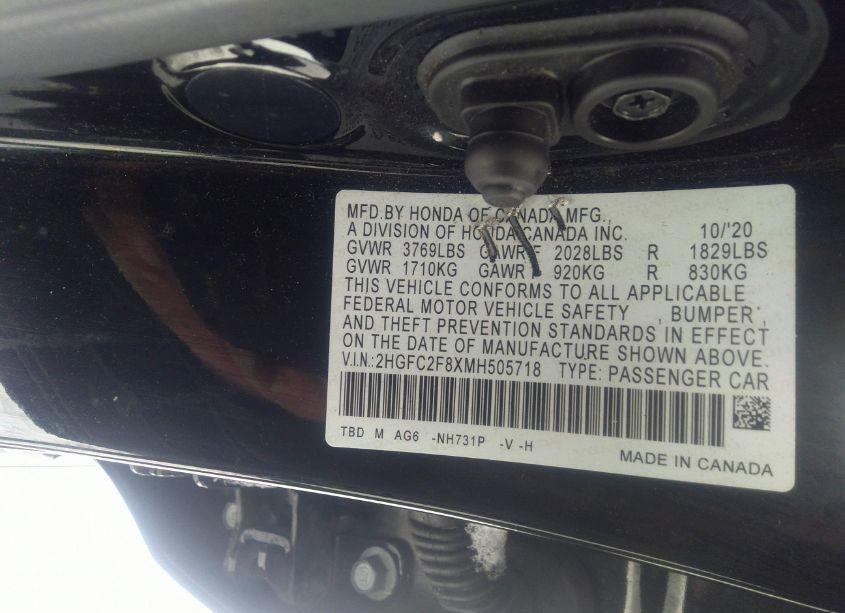 Photo 9 of 2021 Honda Civic SPORT (VIN 2HGFC2F8XMH505718)