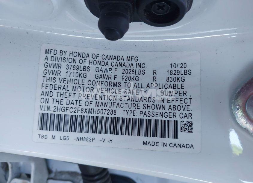 Photo 9 of 2021 Honda Civic SPORT (VIN 2HGFC2F8XMH507288)