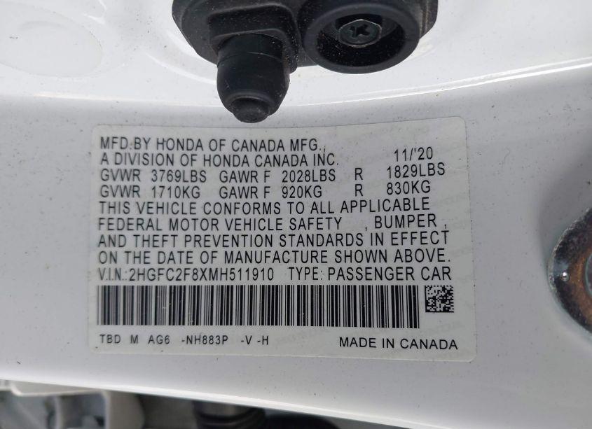 Photo 9 of 2021 Honda Civic SPORT (VIN 2HGFC2F8XMH511910)