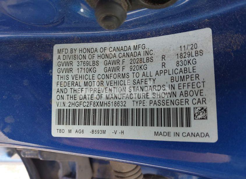 Photo 9 of 2021 Honda Civic SPORT (VIN 2HGFC2F8XMH518632)