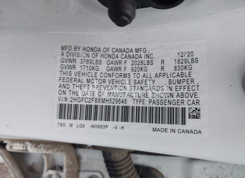 Photo 9 of 2021 Honda Civic SPORT (VIN 2HGFC2F8XMH529646)
