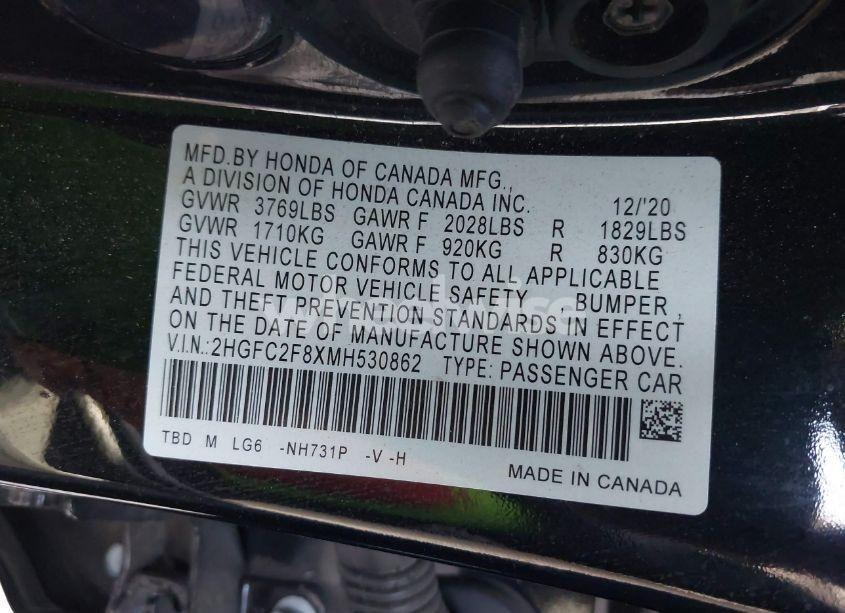 Photo 9 of 2021 Honda Civic SPORT (VIN 2HGFC2F8XMH530862)