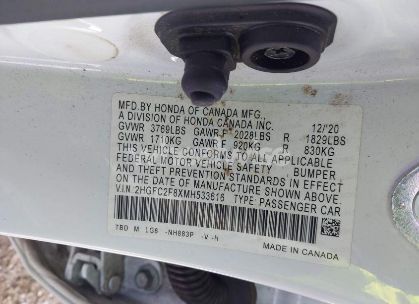 Photo 9 of 2021 Honda Civic SPORT (VIN 2HGFC2F8XMH533616)