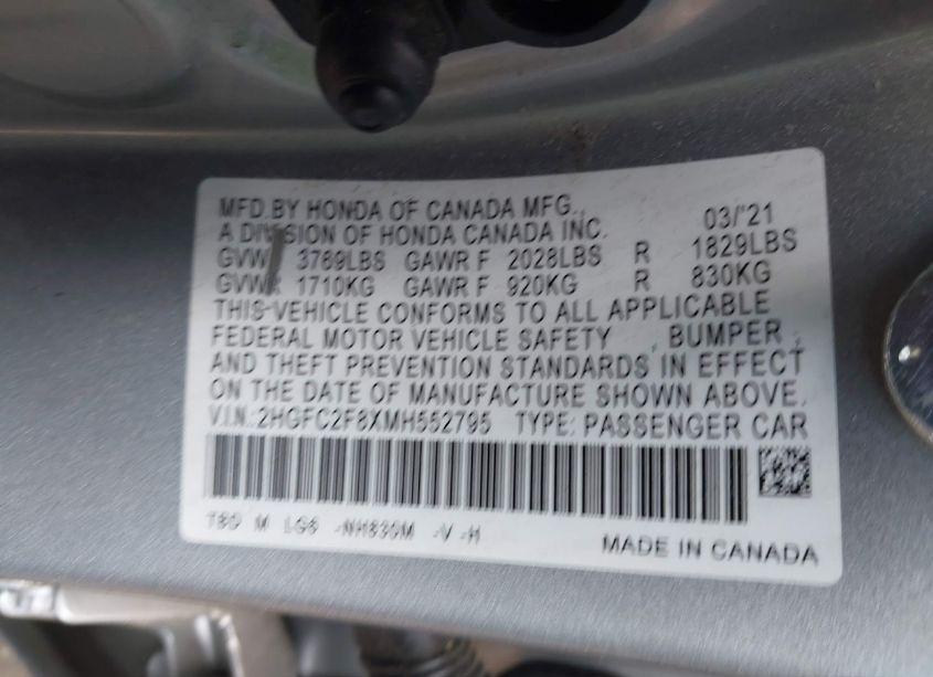 Photo 9 of 2021 Honda Civic SPORT (VIN 2HGFC2F8XMH552795)