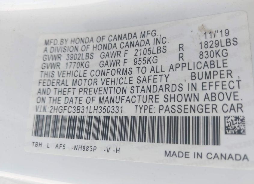 Photo 9 of 2020 Honda Civic EX (VIN 2HGFC3B31LH350331)
