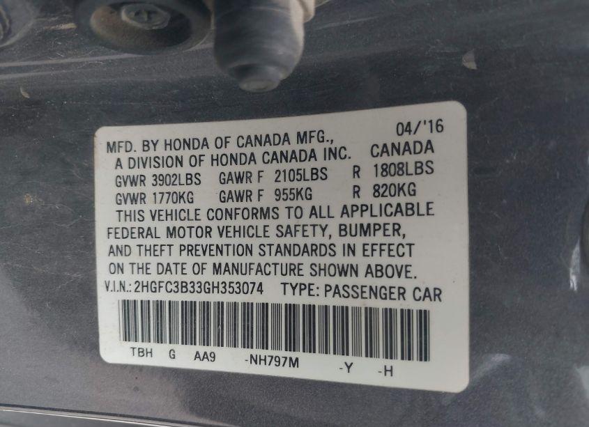 Photo 9 of 2016 Honda Civic EX-T (VIN 2HGFC3B33GH353074)