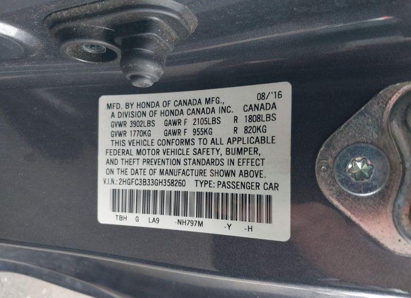 Photo 9 of 2016 Honda Civic EX-T (VIN 2HGFC3B33GH358260)