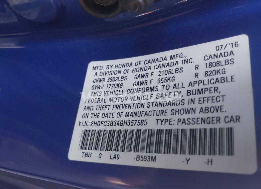 Photo 9 of 2016 Honda Civic EX-T (VIN 2HGFC3B34GH357585)