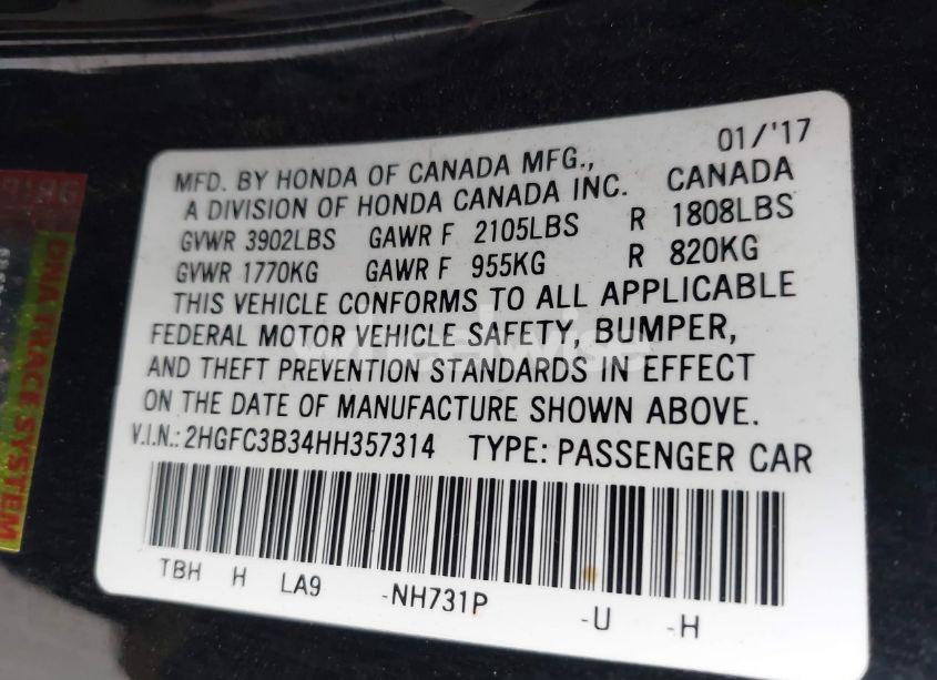 Photo 9 of 2017 Honda Civic EX-T (VIN 2HGFC3B34HH357314)
