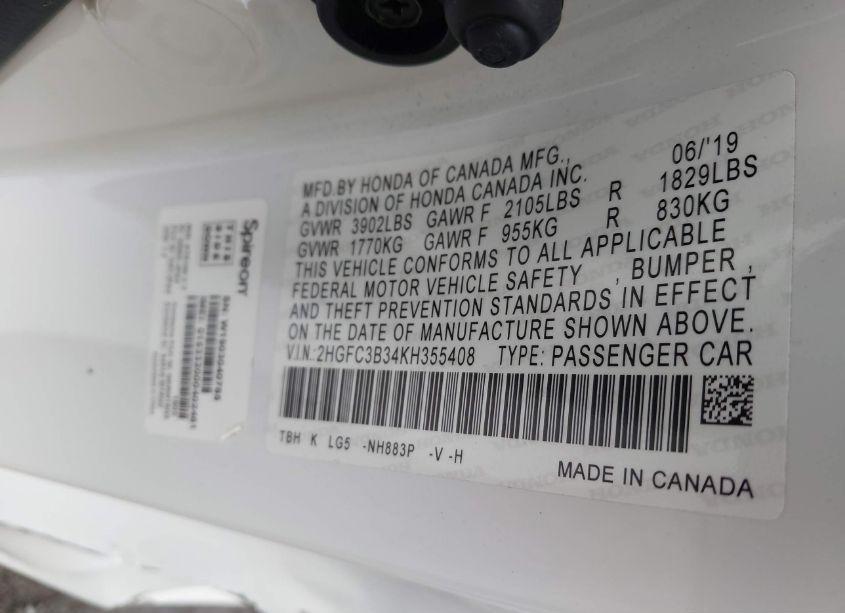 Photo 9 of 2019 Honda Civic EX (VIN 2HGFC3B34KH355408)