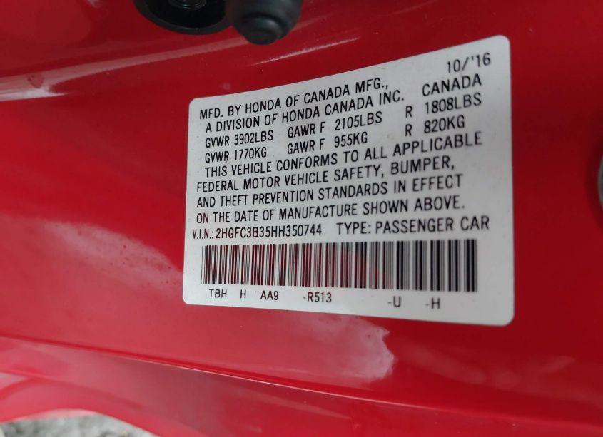 Photo 9 of 2017 Honda Civic EX-T (VIN 2HGFC3B35HH350744)