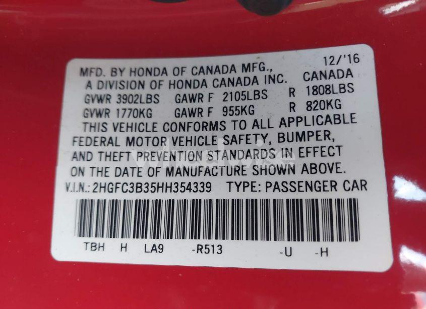 Photo 9 of 2017 Honda Civic EX-T (VIN 2HGFC3B35HH354339)