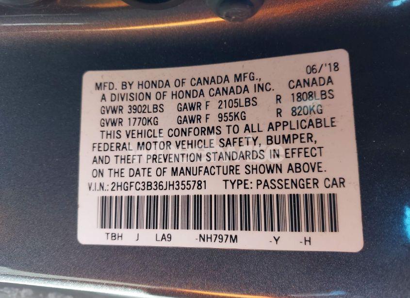 Photo 9 of 2018 Honda Civic EX-T (VIN 2HGFC3B36JH355781)