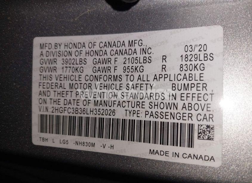 Photo 9 of 2020 Honda Civic EX (VIN 2HGFC3B36LH352026)