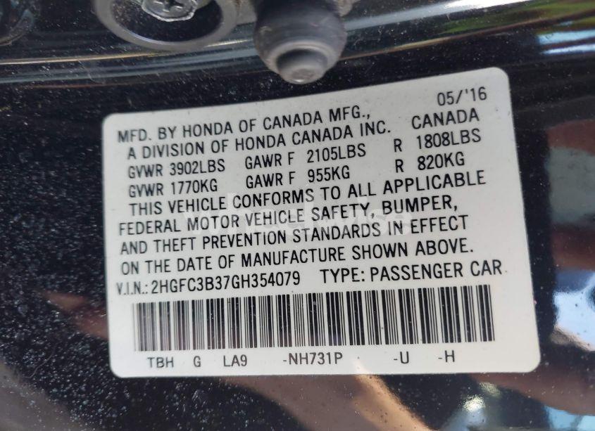 Photo 9 of 2016 Honda Civic EX-T (VIN 2HGFC3B37GH354079)