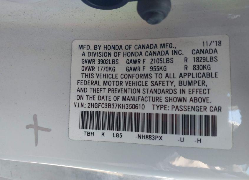 Photo 9 of 2019 Honda Civic EX (VIN 2HGFC3B37KH350610)