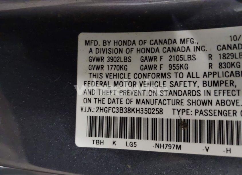 Photo 9 of 2019 Honda Civic EX (VIN 2HGFC3B38KH350258)